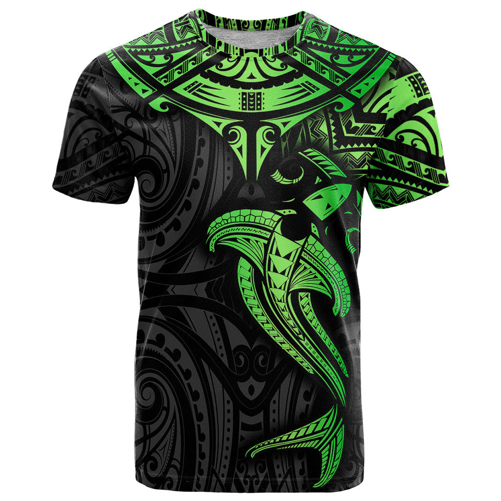 Polynesian T Shirt Hammerhead Shark Tribal Pattern Black Green Version TS04 Black Green - Polynesian Pride