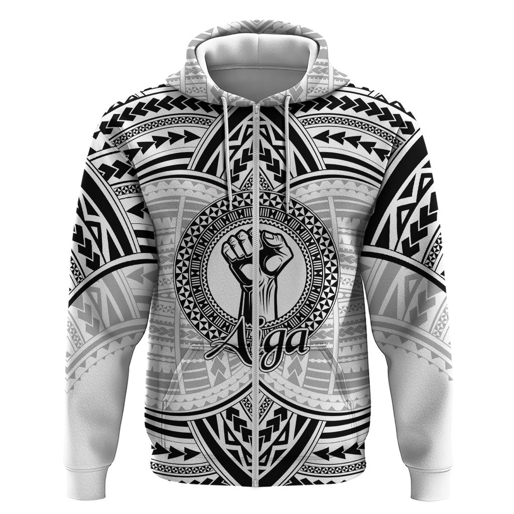 Aiga Samoa Raised Fist Zip Hoodie Polynesian Tribal Tattoo Art Family Pride TS04 Zip Hoodie White Black - Polynesian Pride