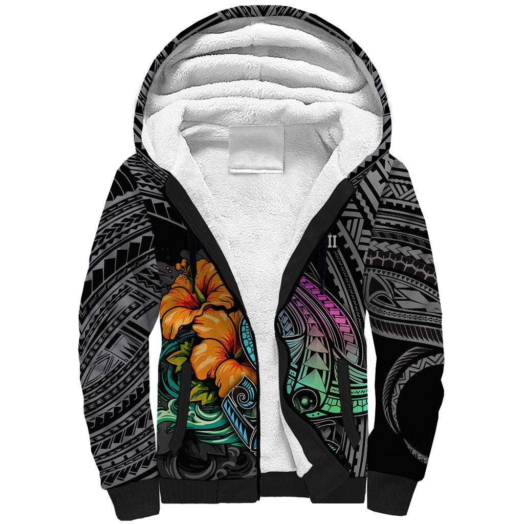 Hawaii Polynesian Sherpa Hoodie with Tribal Hammerhead Sharks and Hibiscus Black TS04 Unisex Black - Polynesian Pride