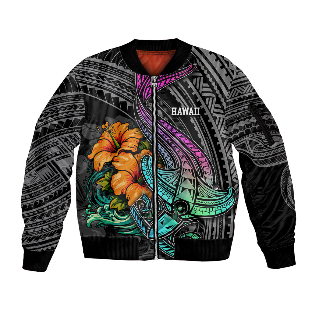 Hawaii Polynesian Sleeve Zip Bomber Jacket with Tribal Hammerhead Sharks and Hibiscus Black TS04 Unisex Black - Polynesian Pride