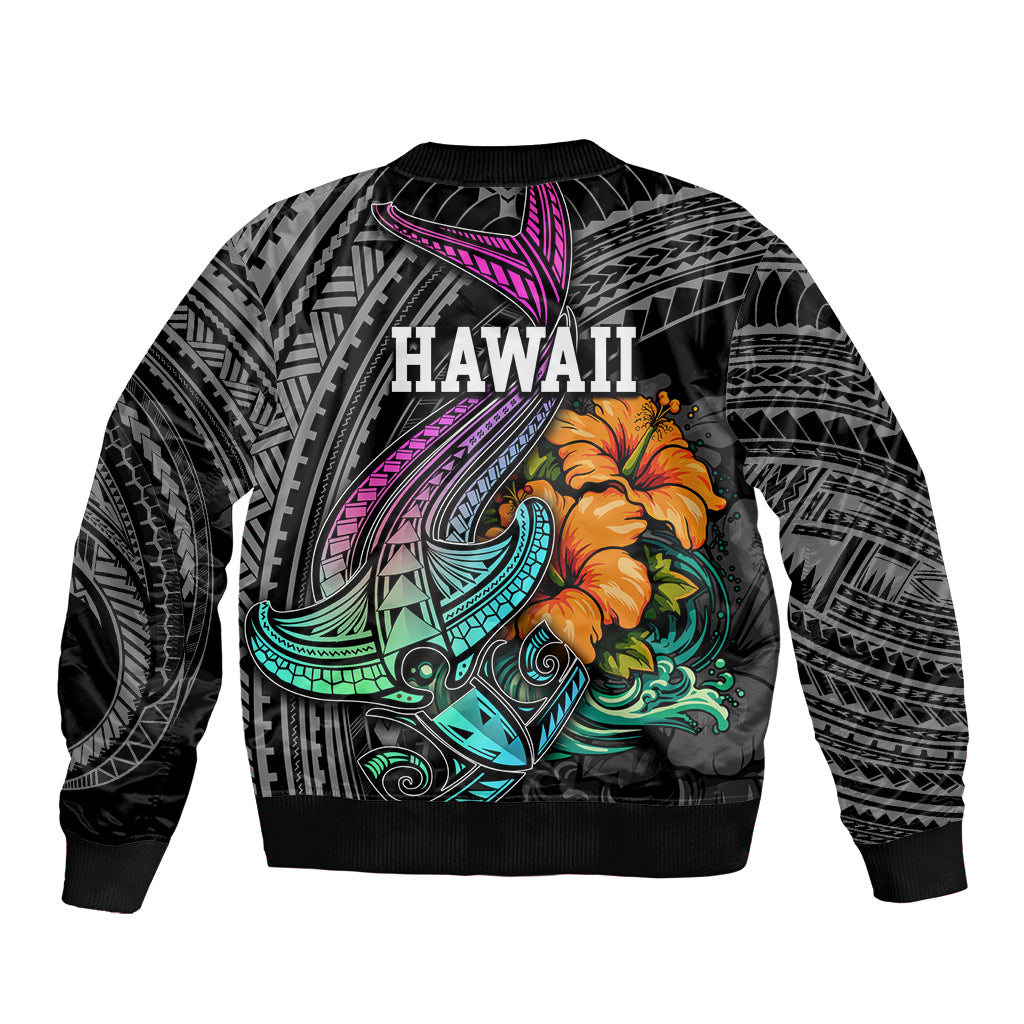 Hawaii Polynesian Sleeve Zip Bomber Jacket with Tribal Hammerhead Sharks and Hibiscus Black TS04 - Polynesian Pride