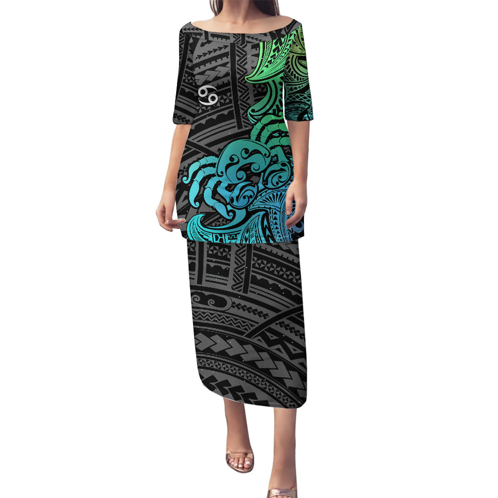 Zodiac Cancer Puletasi Polynesian in Gradient Blue TS04 Long Dress Gradient Blue - Polynesian Pride