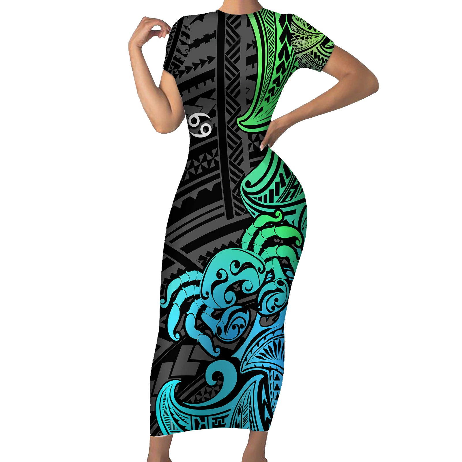 Zodiac Cancer Short Sleeve Bodycon Dress Polynesian in Gradient Blue TS04 Long Dress Gradient Blue - Polynesian Pride