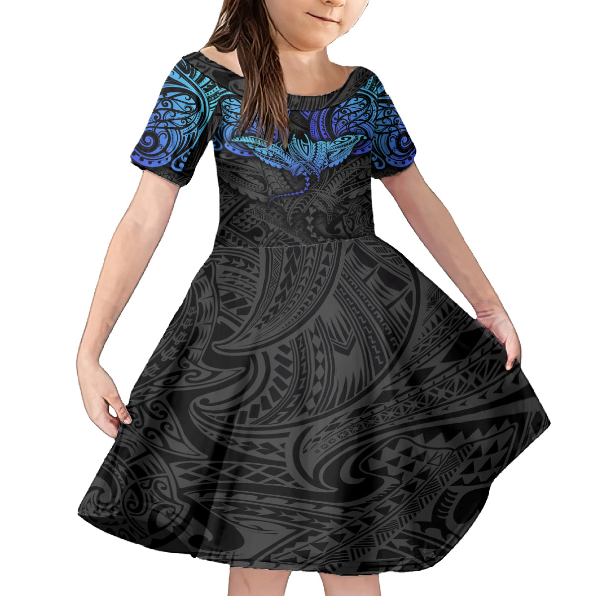 Polynesian Ray Pattern Kid Short Sleeve Dress TS04 KID Black Blue - Polynesian Pride