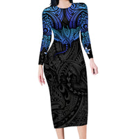 Polynesian Ray Pattern Long Sleeve Bodycon Dress TS04 Long Dress Black Blue - Polynesian Pride
