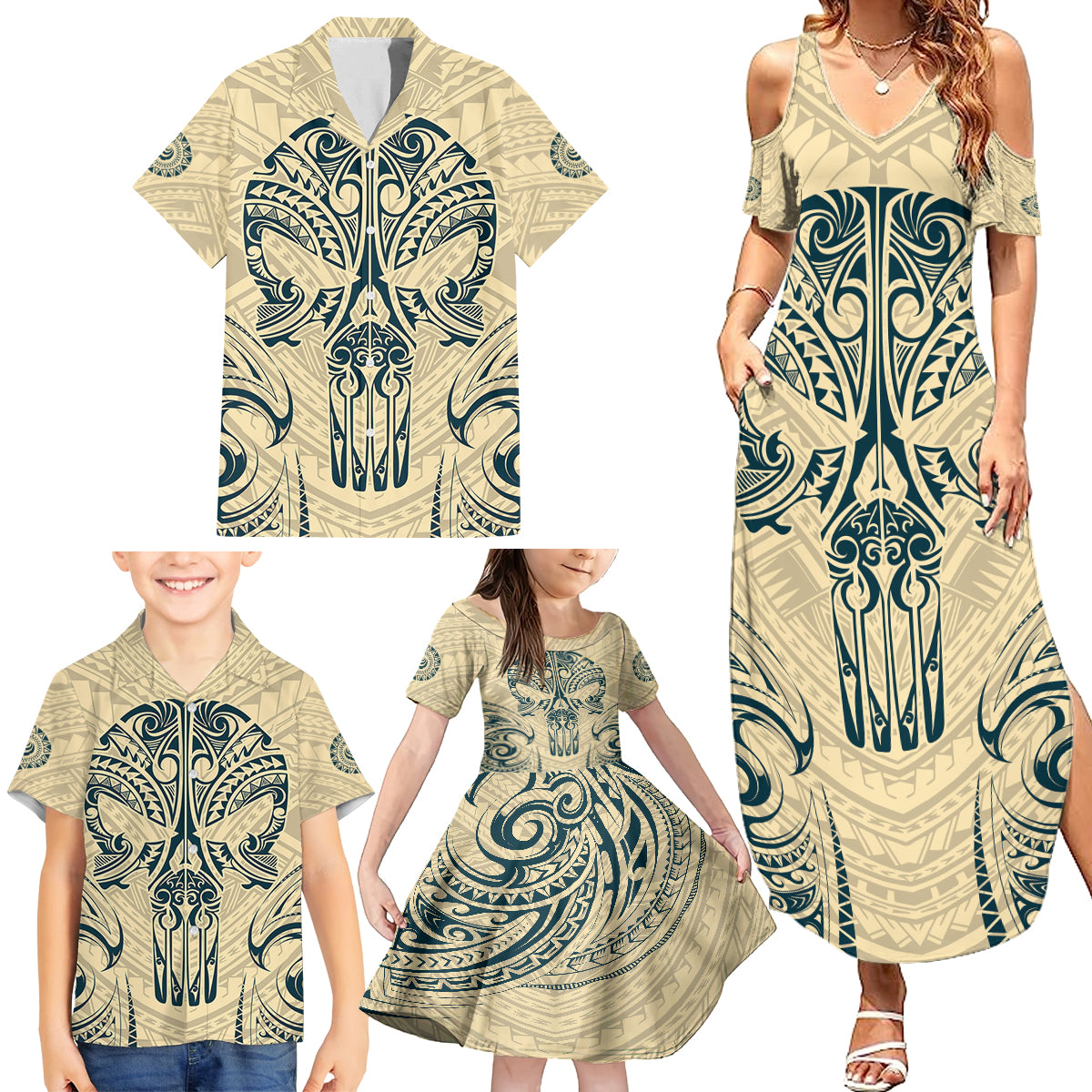 Polynesian Family Matching Summer Maxi Dress and Hawaiian Shirt Warrior Skull with Tribal Patterns Tattoo Design TS04 - Polynesian Pride