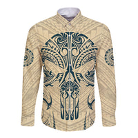 Polynesian Long Sleeve Button Shirt Warrior Skull with Tribal Patterns Tattoo Design TS04 Unisex Yellow - Polynesian Pride