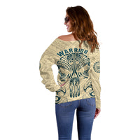 Polynesian Off Shoulder Sweater Warrior Skull with Tribal Patterns Tattoo Design TS04 - Polynesian Pride
