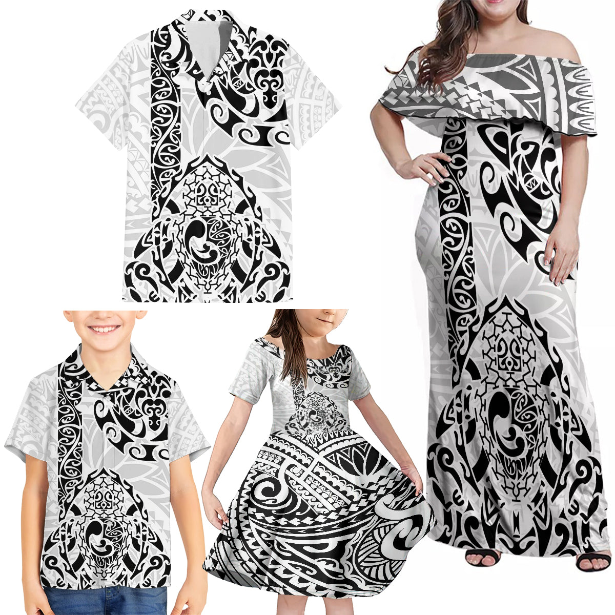 Hawaii Family Matching Off Shoulder Maxi Dress and Hawaiian Shirt with Polynesian Turtle TS04 - Polynesian Pride