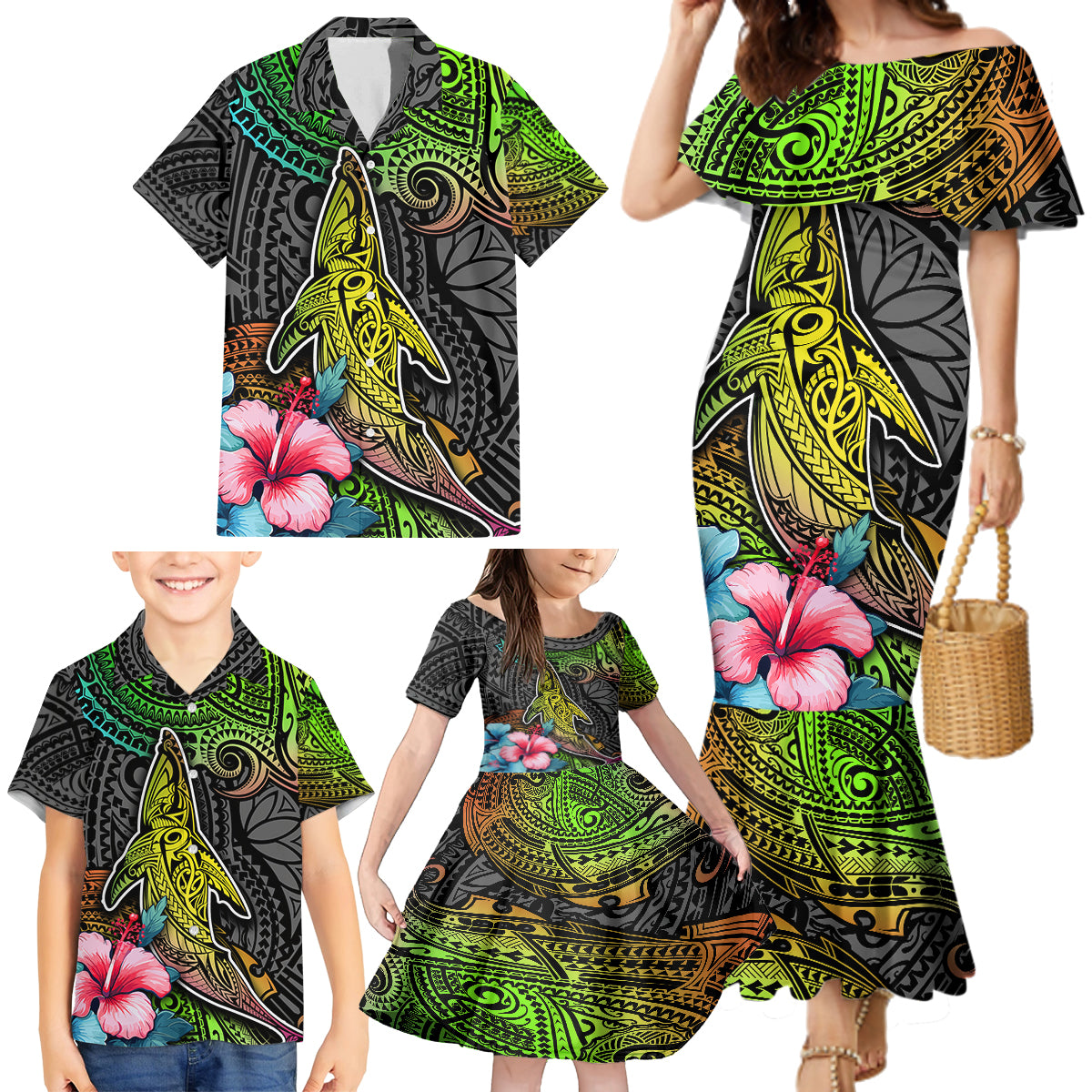 Polynesian Family Matching Mermaid Dress and Hawaiian Shirt Whales and Compass Gradient Pattern TS04 - Polynesian Pride