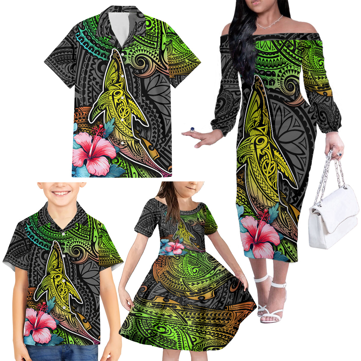 Polynesian Family Matching Off Shoulder Long Sleeve Dress and Hawaiian Shirt Whales and Compass Gradient Pattern TS04 - Polynesian Pride