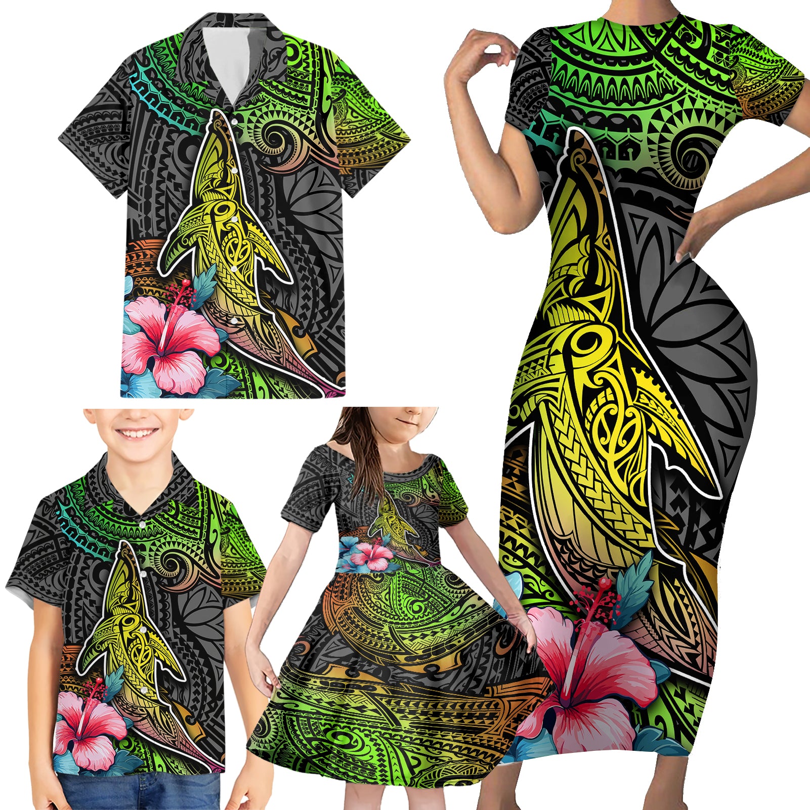 Polynesian Family Matching Short Sleeve Bodycon Dress and Hawaiian Shirt Whales and Compass Gradient Pattern TS04 - Polynesian Pride