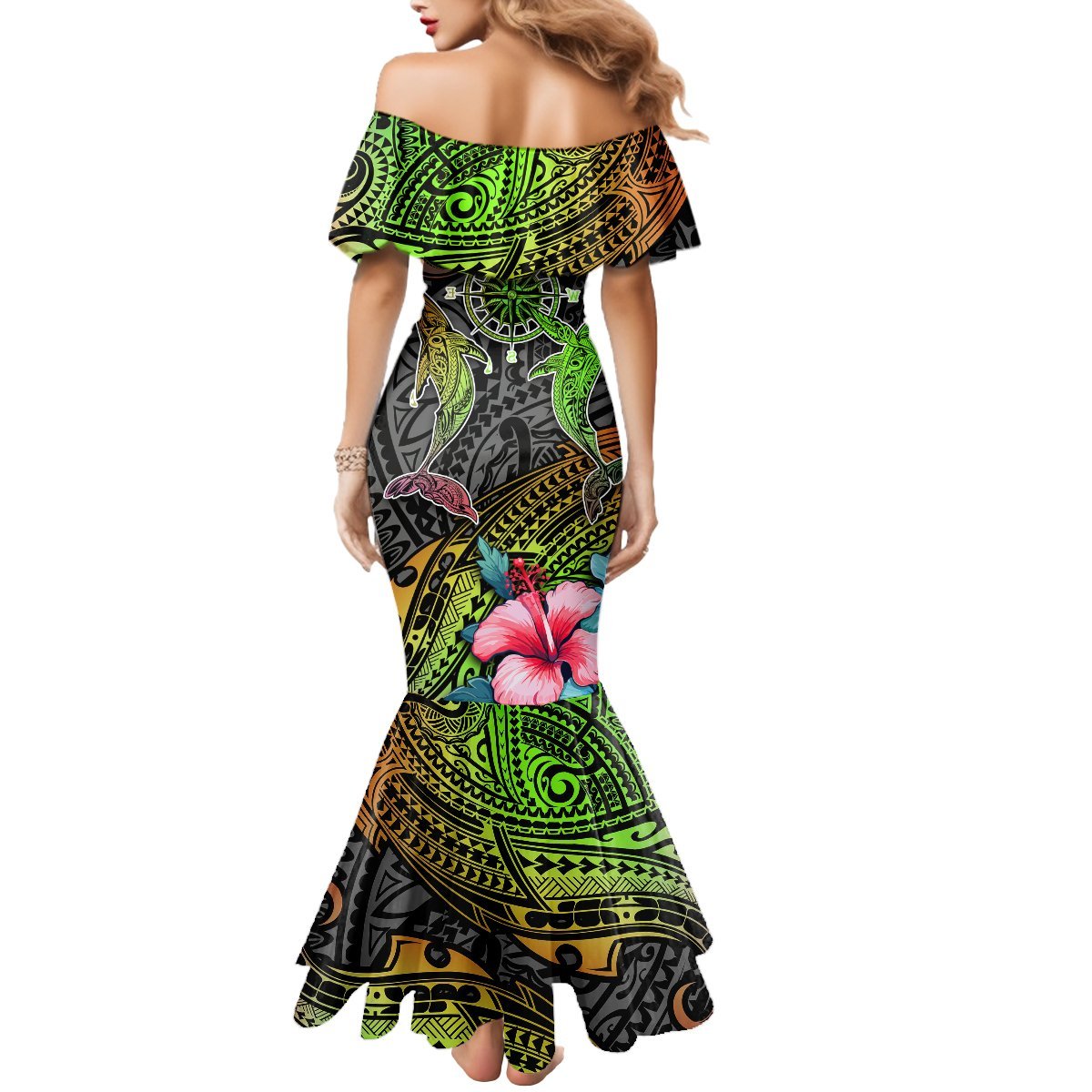 Polynesian Mermaid Dress Whales and Compass Gradient Pattern TS04 - Polynesian Pride