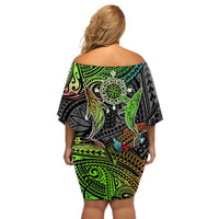 Polynesian Off Shoulder Short Dress Whales and Compass Gradient Pattern TS04 - Polynesian Pride