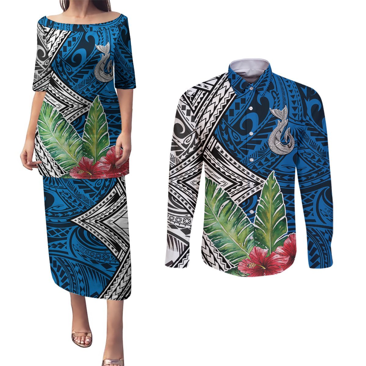 Polynesian Couples Matching Puletasi Dress and Long Sleeve Button Shirts Whale Pattern and Hibiscus Flowers TS04 Multicolor - Polynesian Pride
