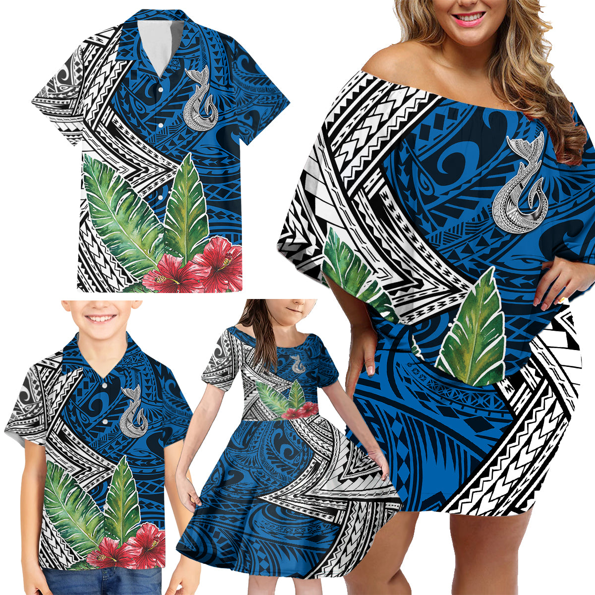 Polynesian Family Matching Off Shoulder Short Dress and Hawaiian Shirt Whale Pattern and Hibiscus Flowers TS04 - Polynesian Pride