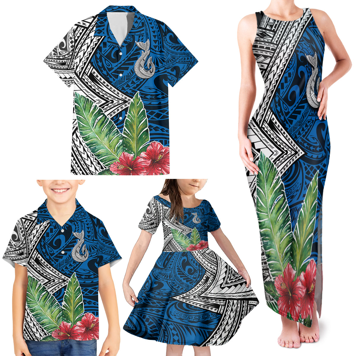 Polynesian Family Matching Tank Maxi Dress and Hawaiian Shirt Whale Pattern and Hibiscus Flowers TS04 - Polynesian Pride