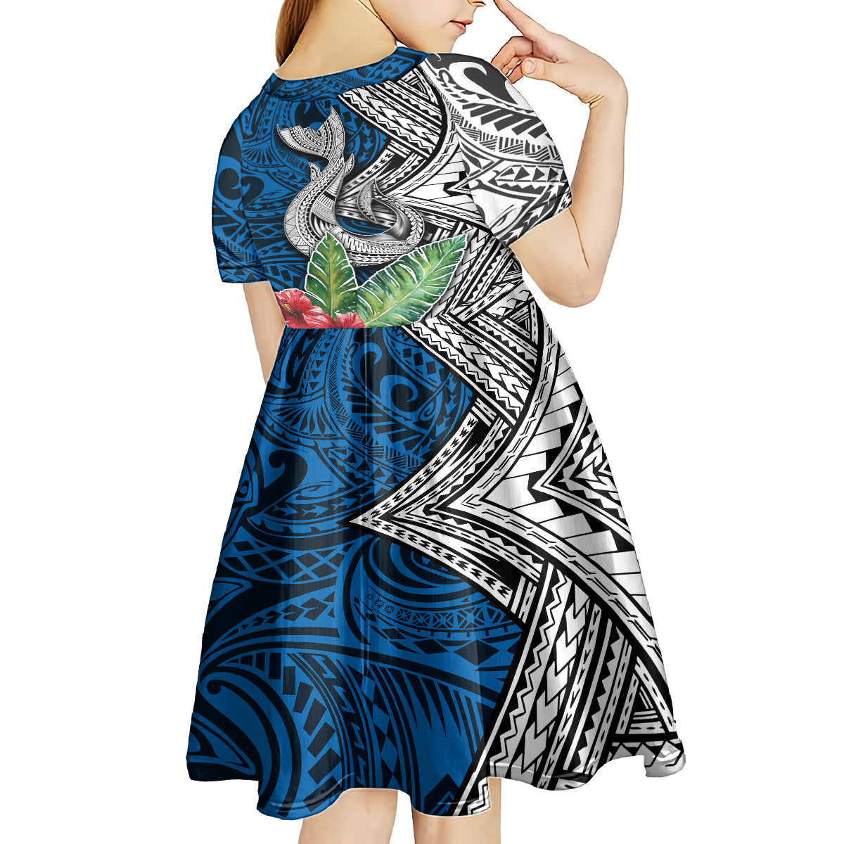 Polynesian Kid Short Sleeve Dress Whale Pattern and Hibiscus Flowers TS04 - Polynesian Pride