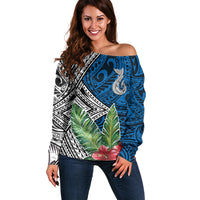 Polynesian Off Shoulder Sweater Whale Pattern and Hibiscus Flowers TS04 Women Multicolor - Polynesian Pride