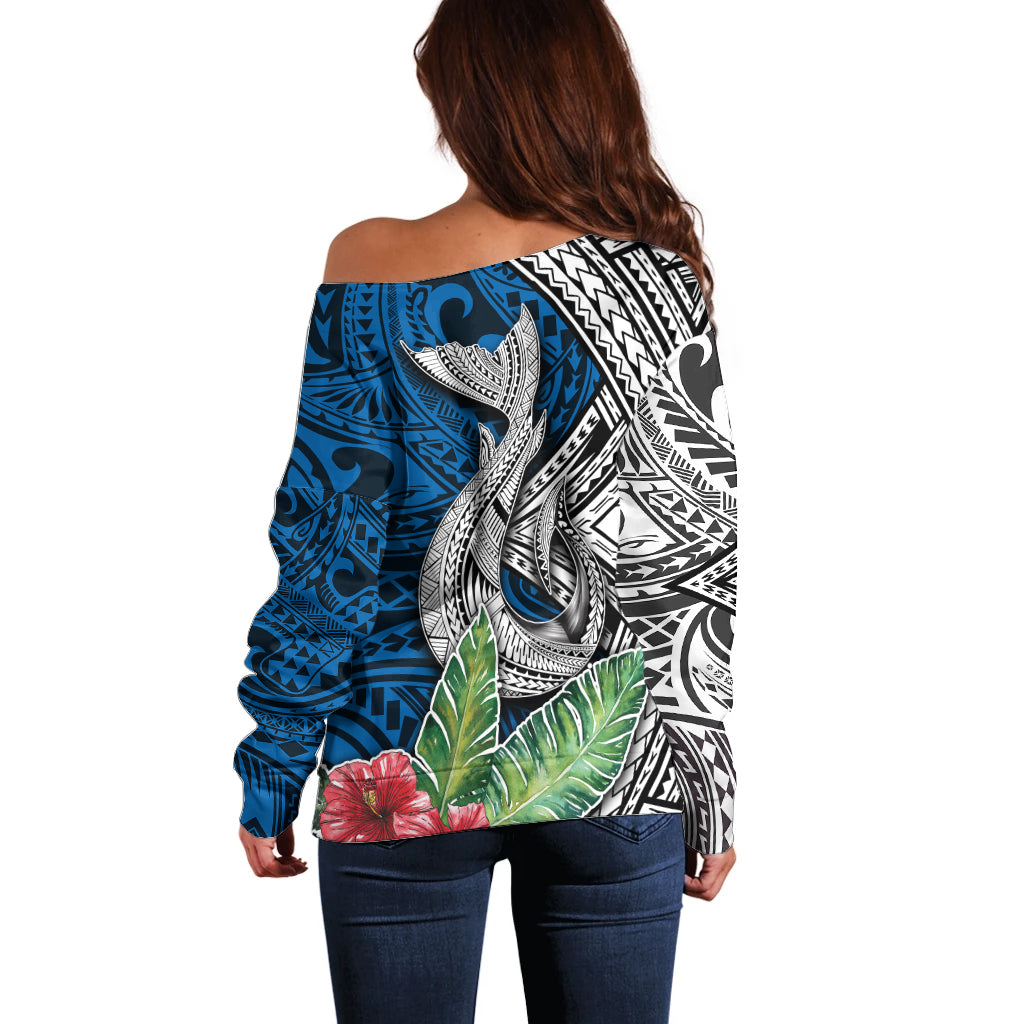 Polynesian Off Shoulder Sweater Whale Pattern and Hibiscus Flowers TS04 - Polynesian Pride
