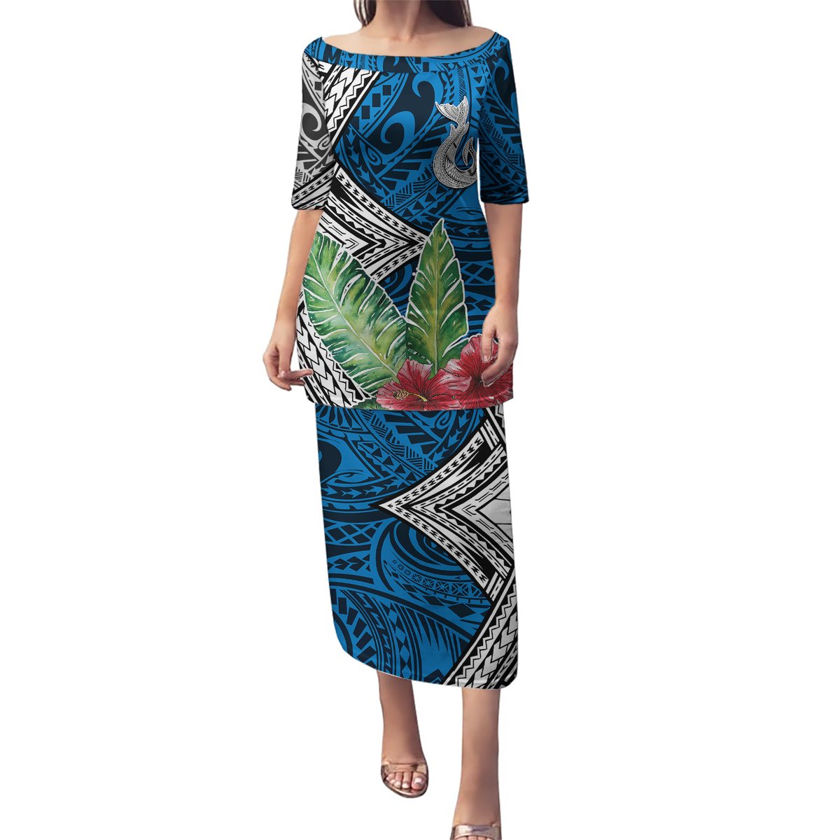 Polynesian Puletasi Whale Pattern and Hibiscus Flowers TS04 Long Dress Multicolor - Polynesian Pride