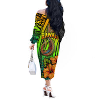 Hawaii Off The Shoulder Long Sleeve Dress Polynesian Fish Hook and Hibiscus Flowers with Gradient Pattern TS04 - Polynesian Pride