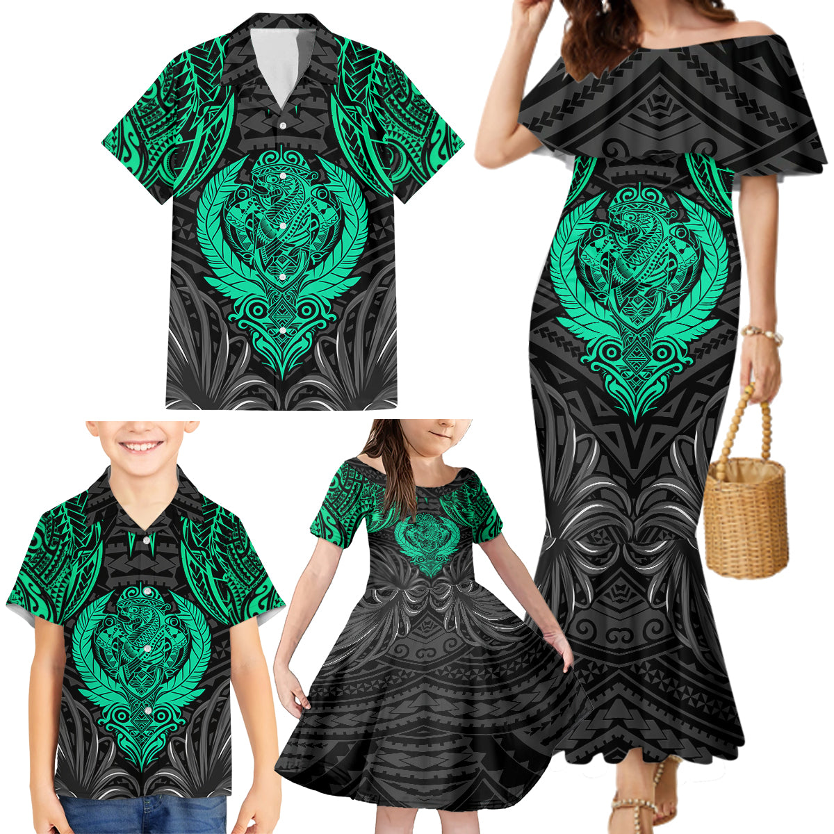 Polynesian Family Matching Mermaid Dress and Hawaiian Shirt Abstract Tiki TS04 - Polynesian Pride