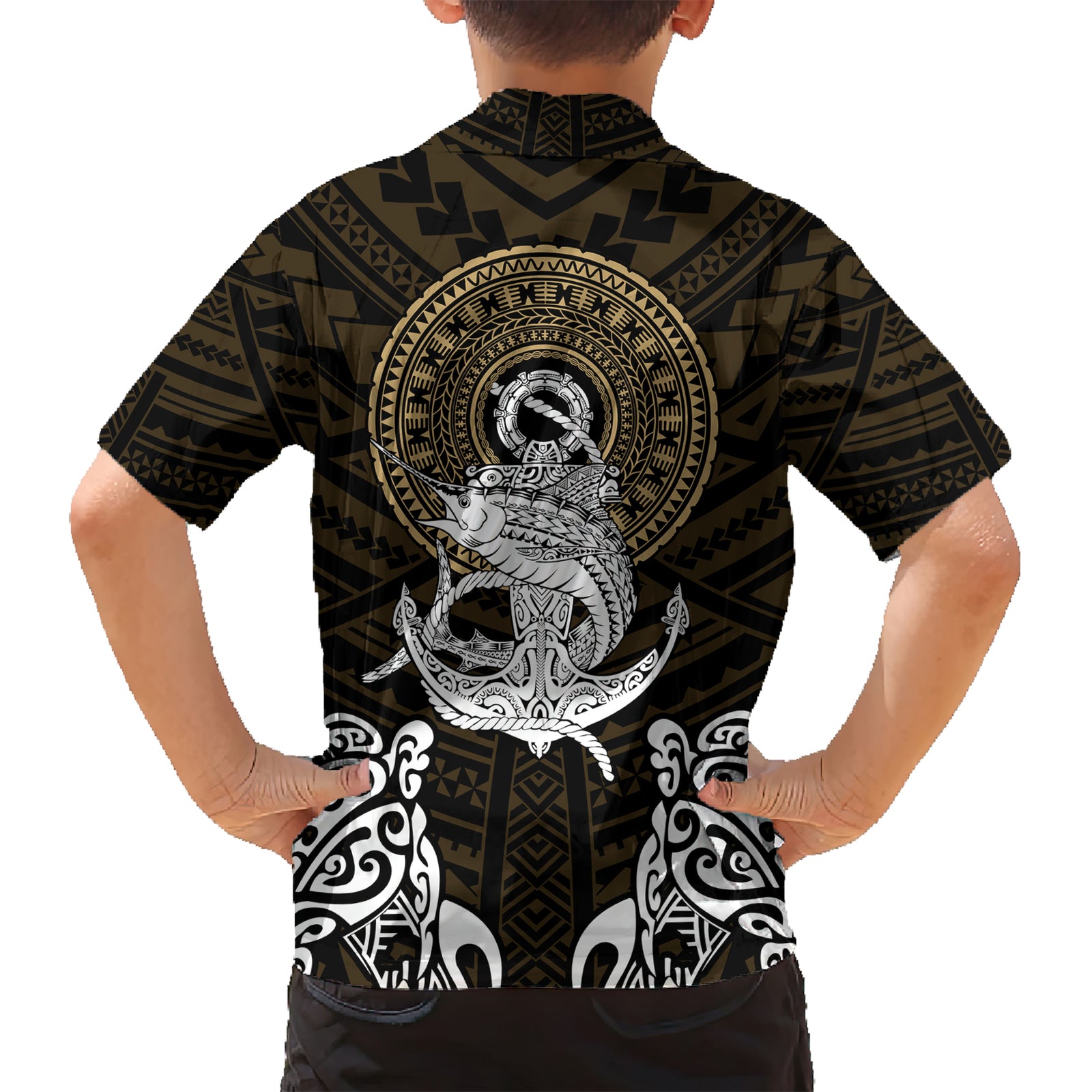 Polynesian Swordfish Kid Hawaiian Shirt with Anchor Pattern and Tribal Turtle TS04 Kid Multicolor - Polynesian Pride