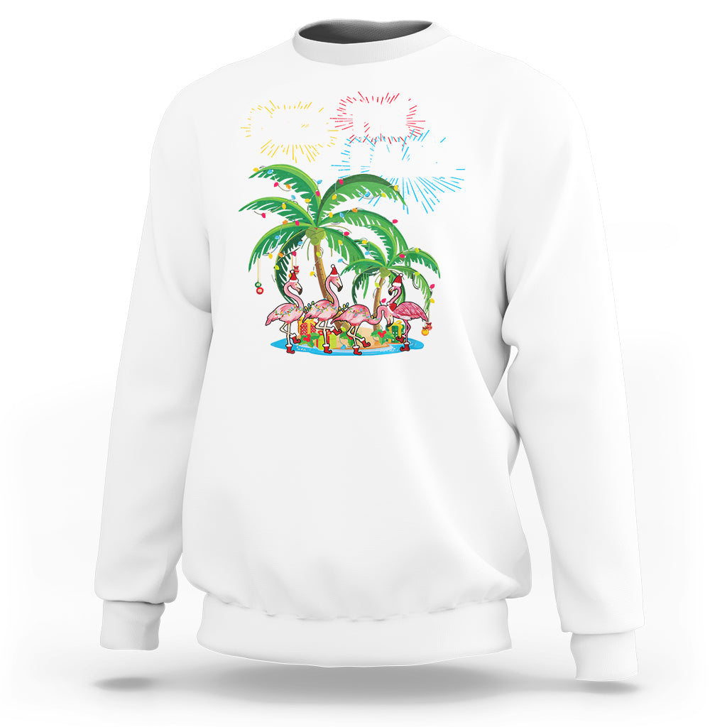 Christmas In Hawaii Sweatshirt Deck the Palms Firework Merry Christmas Flamingo TS09 White - Polynesian Pride