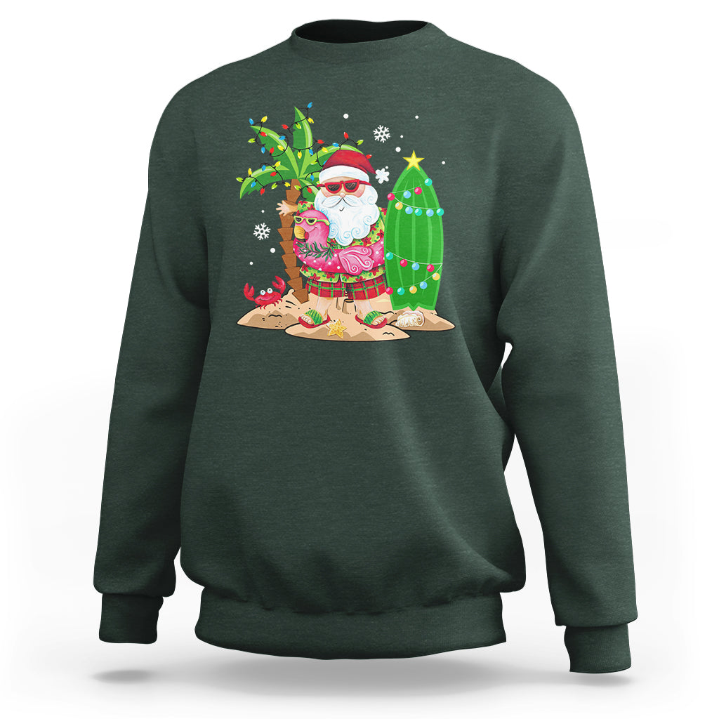 Christmas In Hawaii Sweatshirt Flamingo Float Xmas Palm Tree Surfboard Cute Santa At Beach TS09 Dark Forest Green - Polynesian Pride
