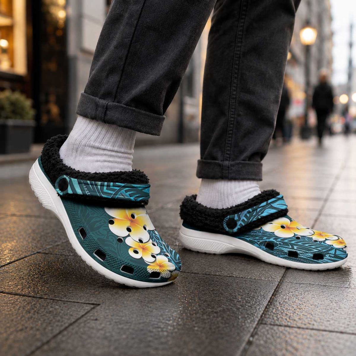 Turquoise Tropical Plumeria With Galaxy Polynesian Art Fleece Clogs