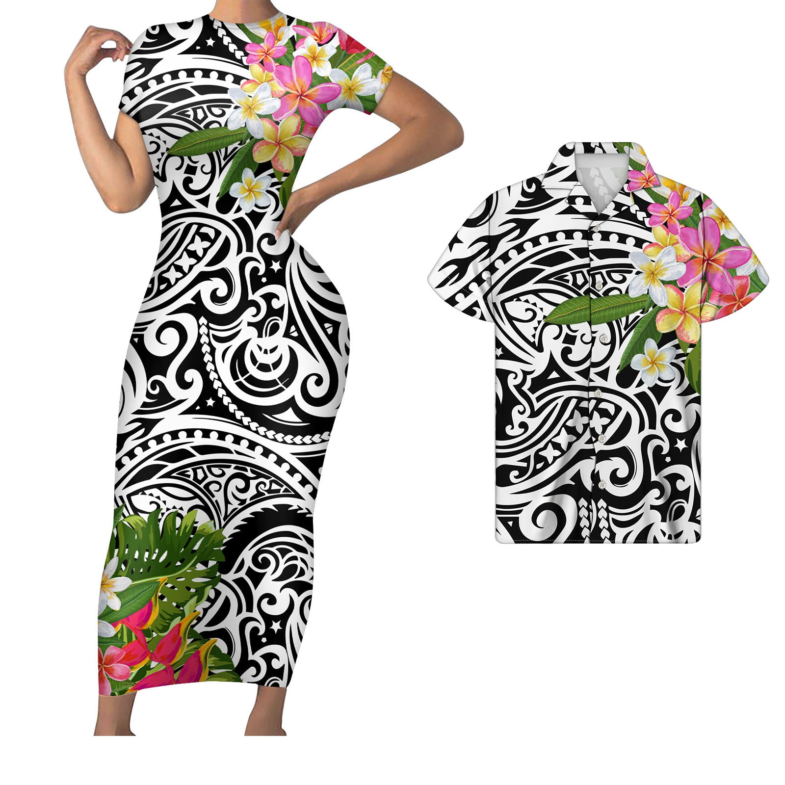 Polynesian Pride Hawaii White Matching Outfit For Couples Polynesian Tribal Pattern Combine Plumeria Flower Bodycon Dress And Hawaii Shirt - Polynesian Pride