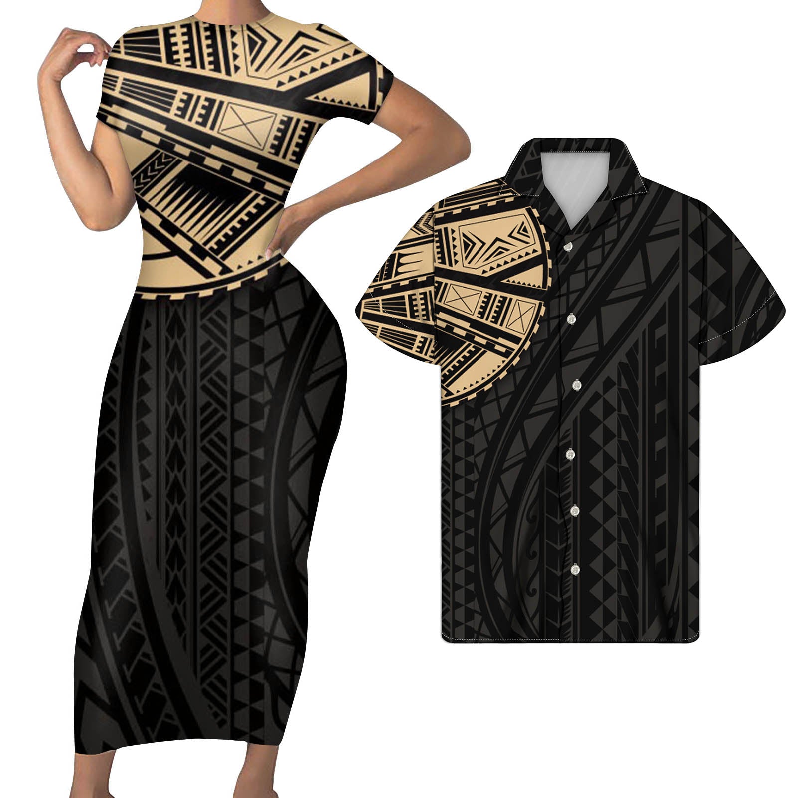 Polynesian Pride Black Matching Clothes For Couples Polynesian Tribal Black Bodycon Dress And Hawaii Shirt - Polynesian Pride