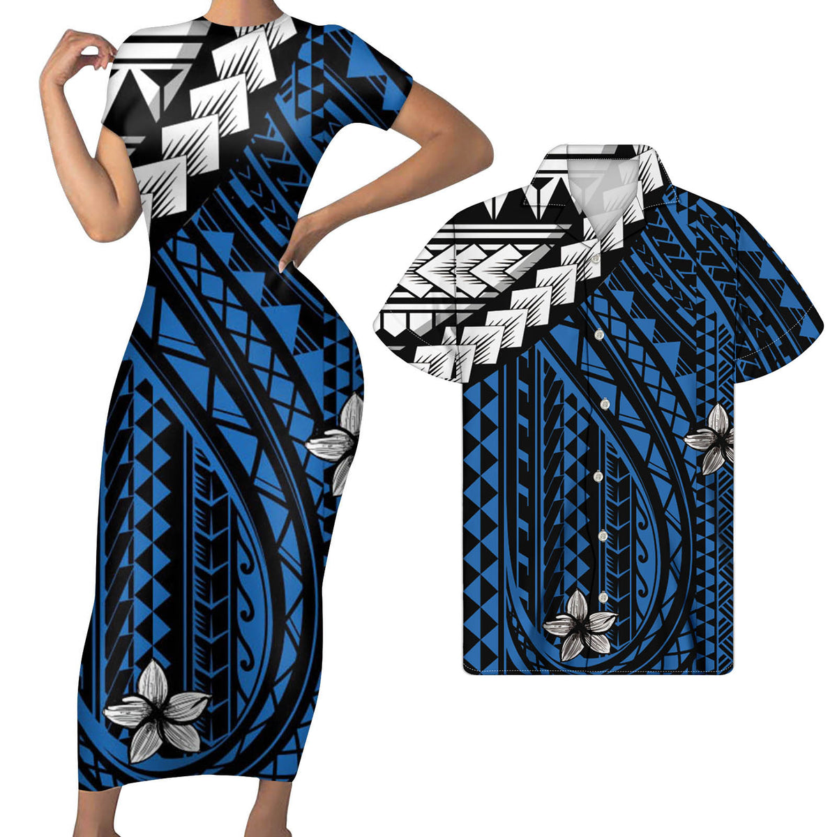 Polynesian Pride Matching Outfit For Couples Polynesian Tribal Pattern Blue Bodycon Dress And Hawaii Shirt No Dress - Polynesian Pride