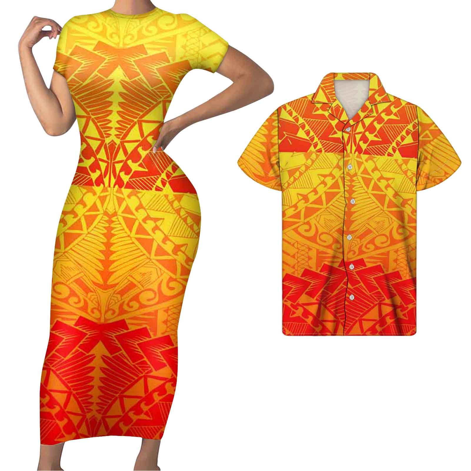 Polynesian Pride Matching Clothes For Couples Hawaii Polynesian Tribal Tattoo Pattern Bodycon Dress And Hawaii Shirt - Polynesian Pride