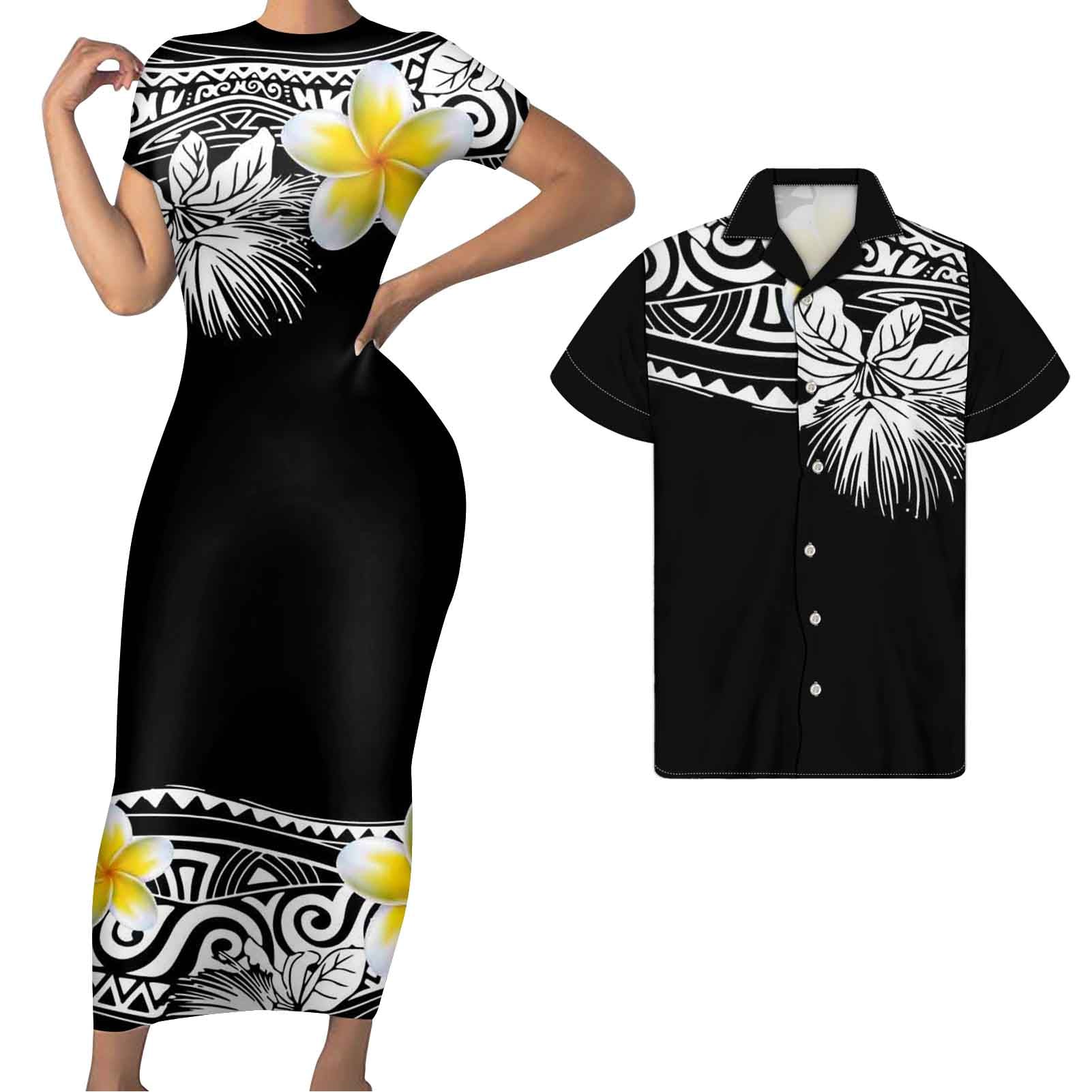 Polynesian Pride Matching Clothes For Couples Hawaii Flowers Black Bodycon Dress And Hawaii Shirt - Polynesian Pride