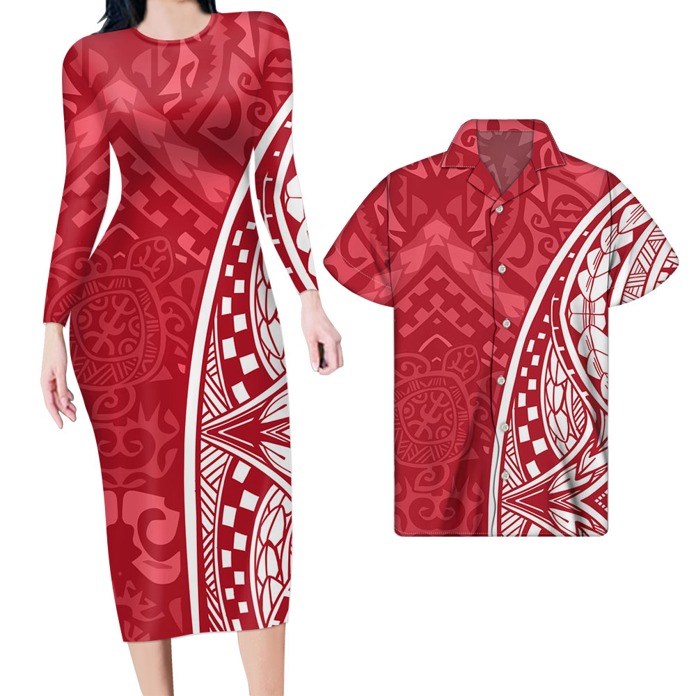 Polynesian Pride Hawaii Matching Outfit For Couples Red Curve Style Bodycon Dress And Hawaii Shirt No Dress - Polynesian Pride