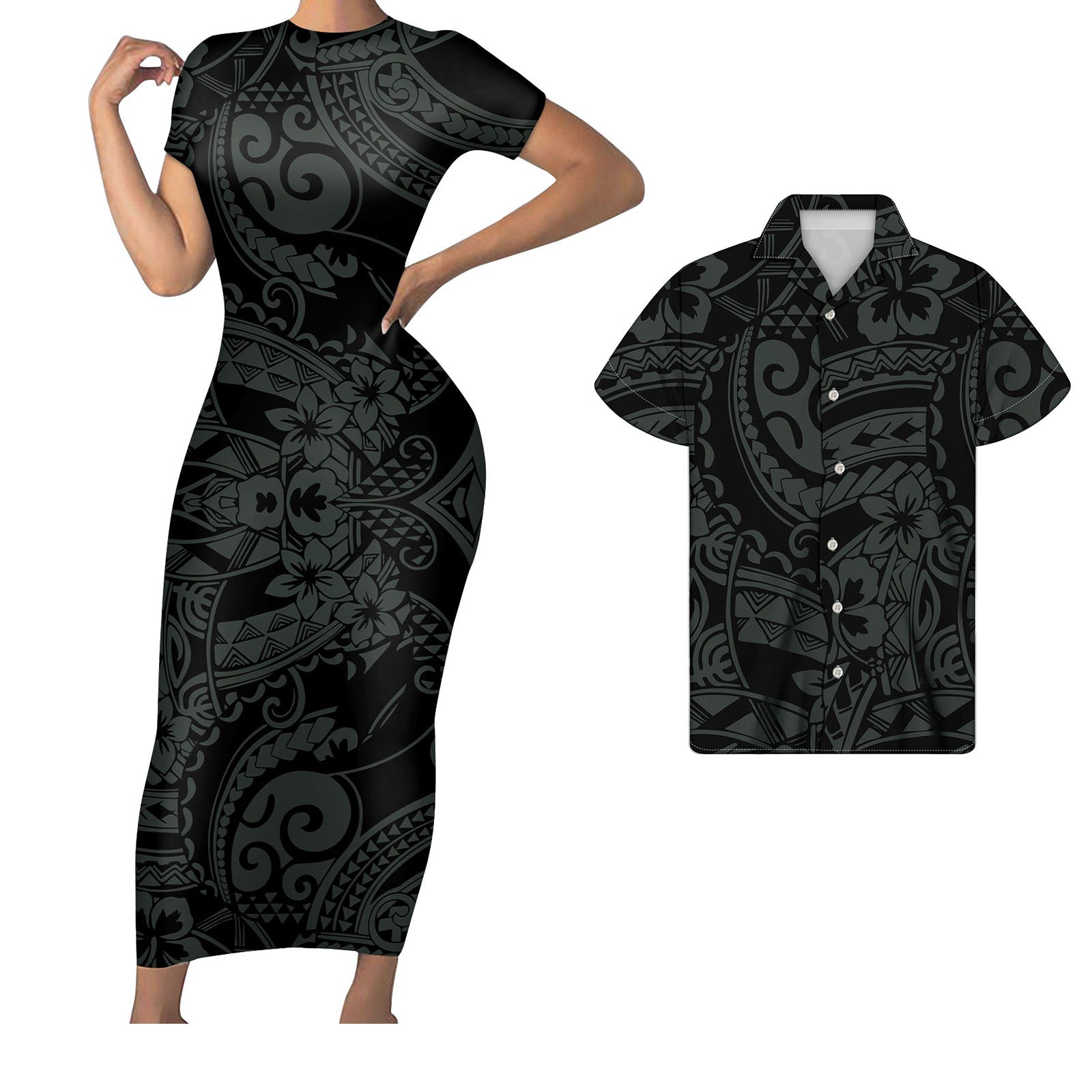 Polynesian Pride Black Hawaii Matching Outfit For Couples Hawaii Hibiscus Floral Bodycon Dress And Hawaii Shirt - Polynesian Pride