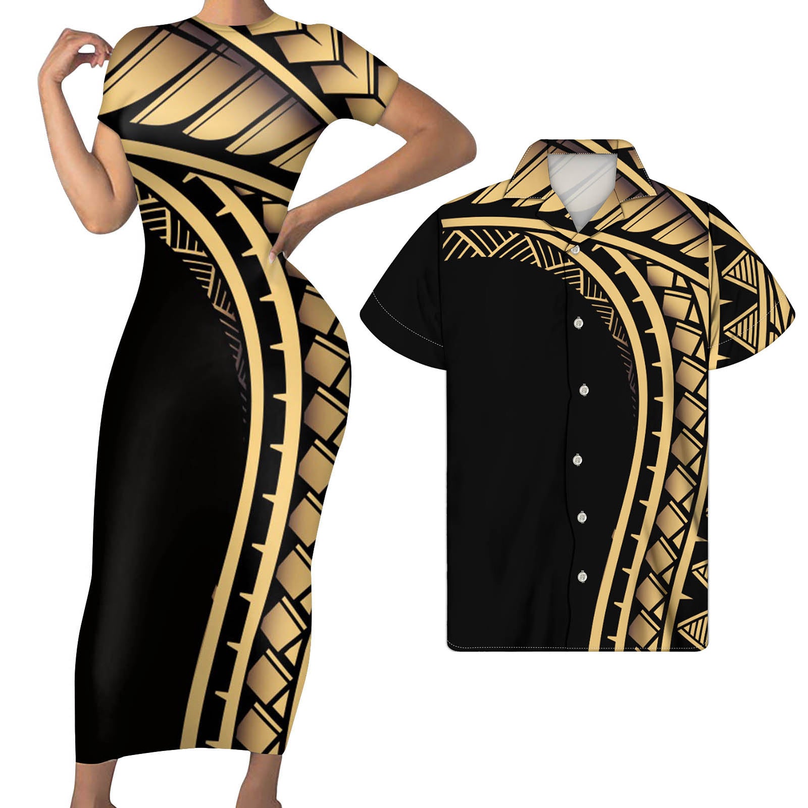 Polynesian Pride Matching Clothes For Couples Polynesian Tribal Curve Bodycon Dress And Hawaii Shirt No Dress - Polynesian Pride