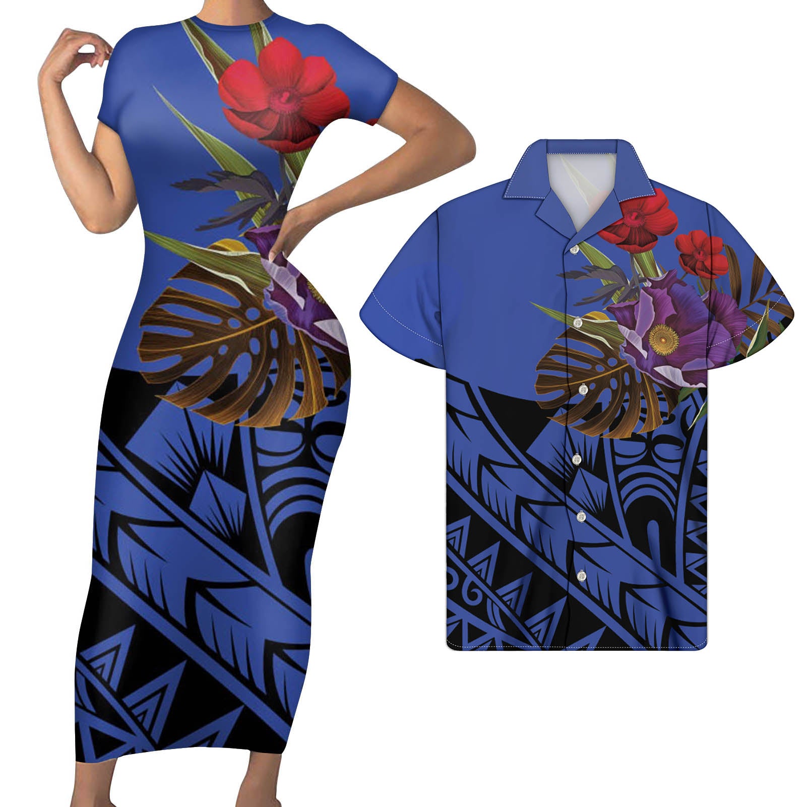 Polynesian Pride Matching Clothes For Couples Hawaii Flower Blue Bodycon Dress And Hawaii Shirt - Polynesian Pride