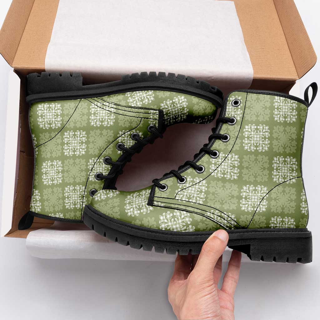 Vesuvian Green Palaka Quilt Hawaii Leather Boots Traditional Hawaii-plaid Pattern LT14 - Polynesian Pride