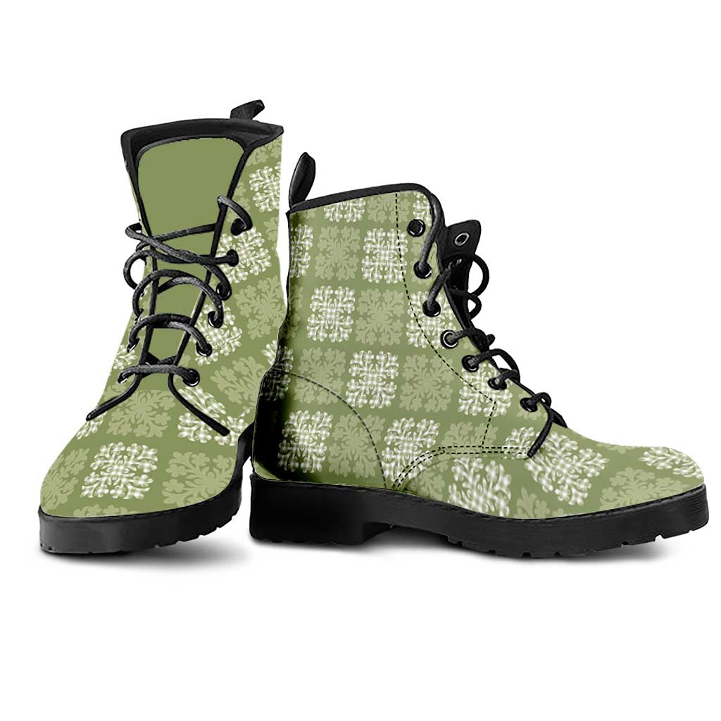 Vesuvian Green Palaka Quilt Hawaii Leather Boots Traditional Hawaii-plaid Pattern LT14 - Polynesian Pride