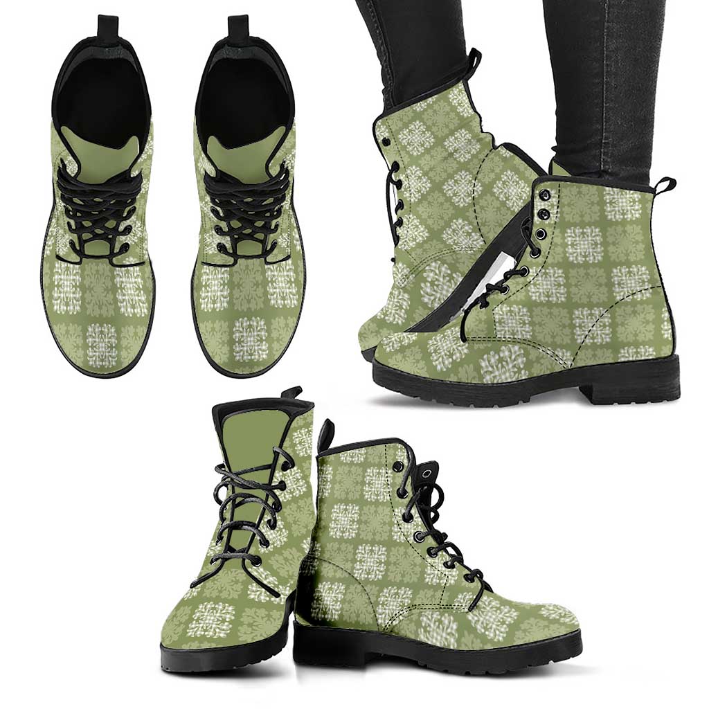 Vesuvian Green Palaka Quilt Hawaii Leather Boots Traditional Hawaii-plaid Pattern LT14 - Polynesian Pride