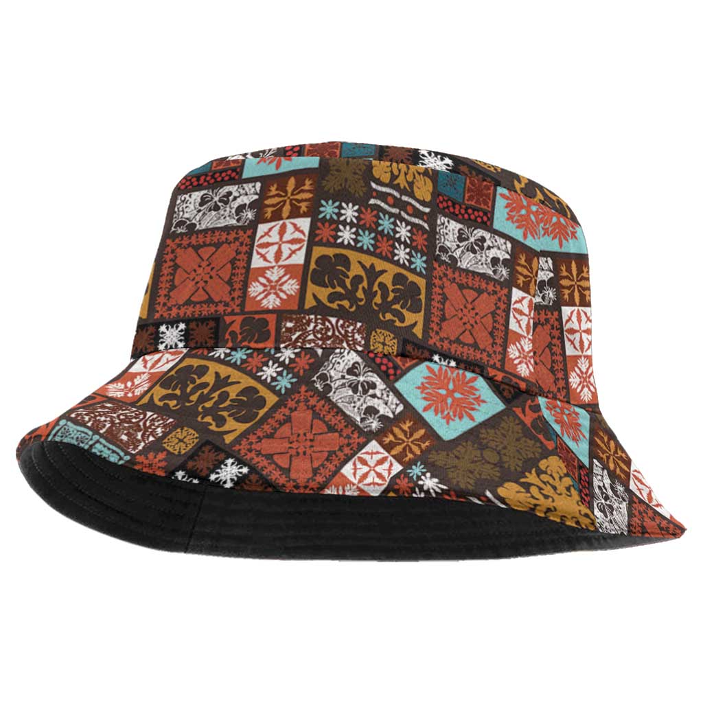 Vintage Hawaiian Quilting Patterns Bucket Hat Brown Style Tribal Fabric Patchwork LT9 One Size Brown - Polynesian Pride