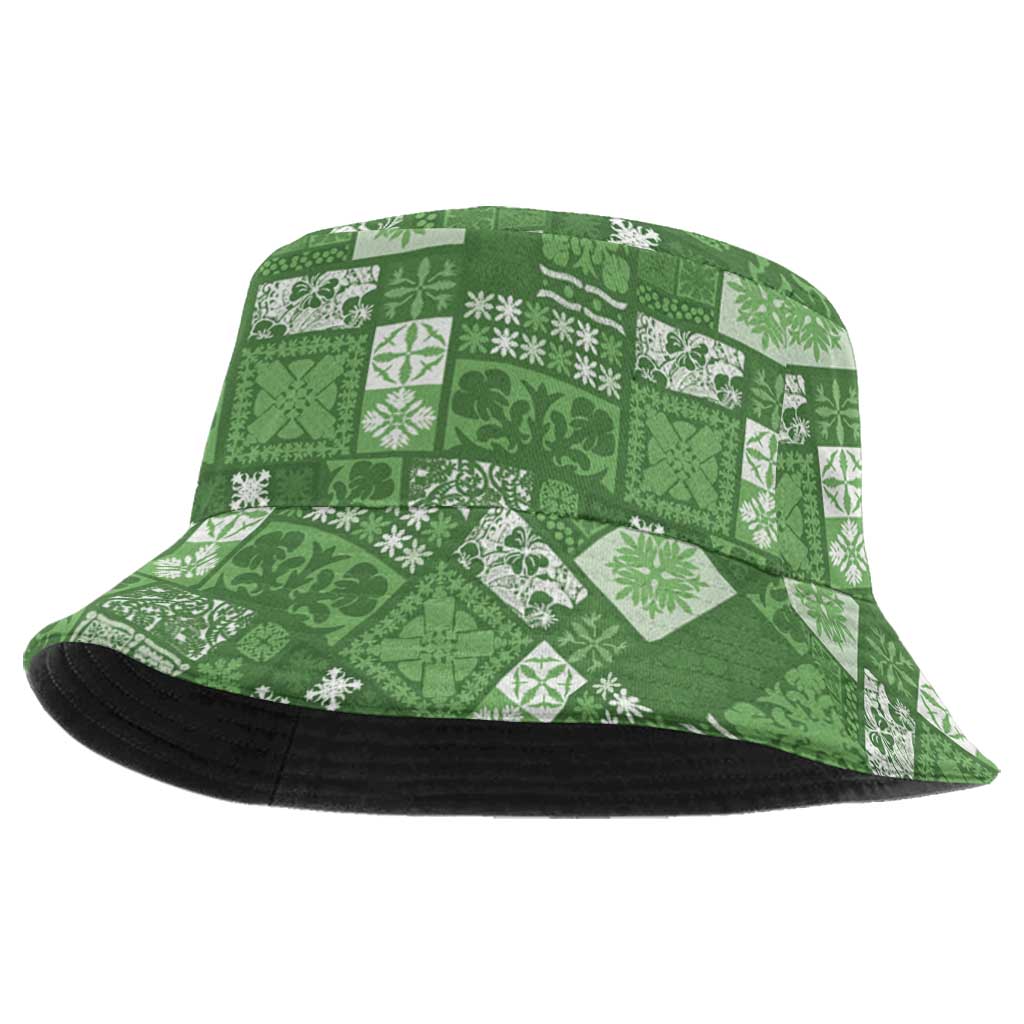 Vintage Hawaiian Quilting Patterns Bucket Hat Green Style Tribal Fabric Patchwork LT9 One Size Green - Polynesian Pride