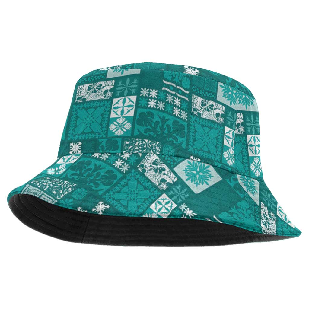 Vintage Hawaiian Quilting Patterns Bucket Hat Turquoise Style Tribal Fabric Patchwork LT9 One Size Turquoise - Polynesian Pride