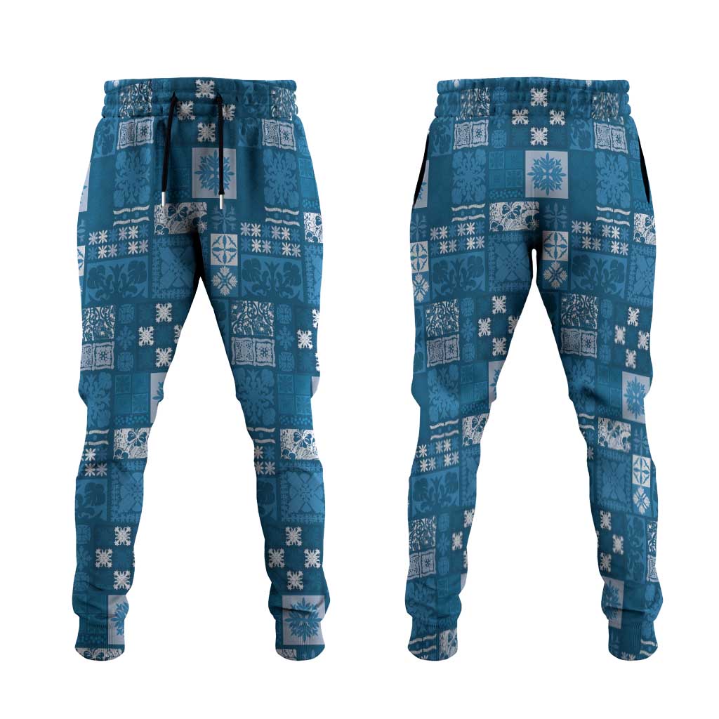 Vintage Hawaiian Quilting Patterns Jogger Pants Blue Style Tribal Fabric Patchwork LT9 Blue - Polynesian Pride