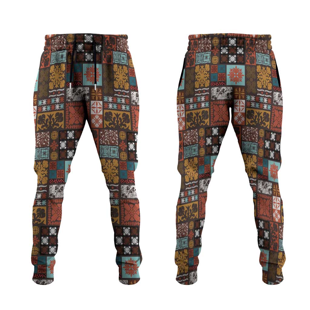 Vintage Hawaiian Quilting Patterns Jogger Pants Brown Style Tribal Fabric Patchwork LT9 Brown - Polynesian Pride