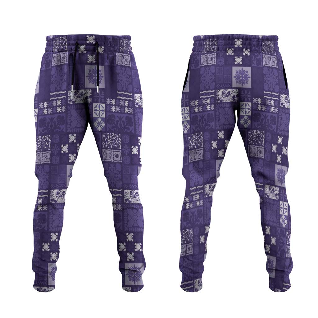 Vintage Hawaiian Quilting Patterns Jogger Pants Purple Style Tribal Fabric Patchwork LT9 Purple - Polynesian Pride