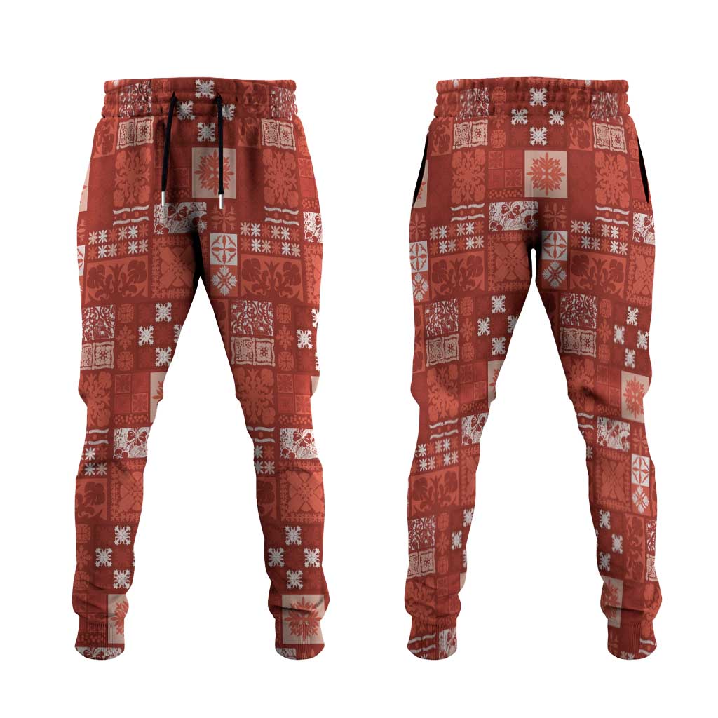 Vintage Hawaiian Quilting Patterns Jogger Pants Red Style Tribal Fabric Patchwork LT9 Red - Polynesian Pride